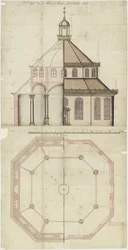 Bauzeichnung für eine zu errichtende Kirche in Batavia